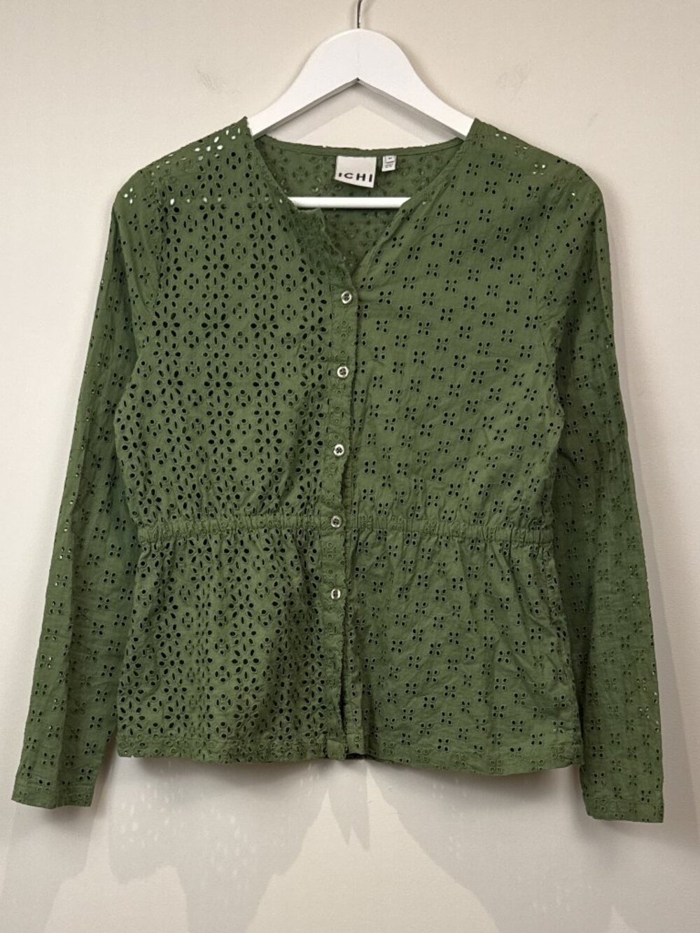 ICHI Green Eyelet Embroidered Long Sleeve Button Down Blouse Top Size 38 M